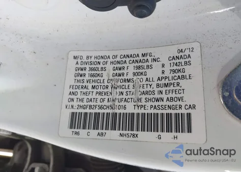 2012 Honda Civic Lx z USA, uszkodzony, nr VIN 2HGFB2F56CH561016